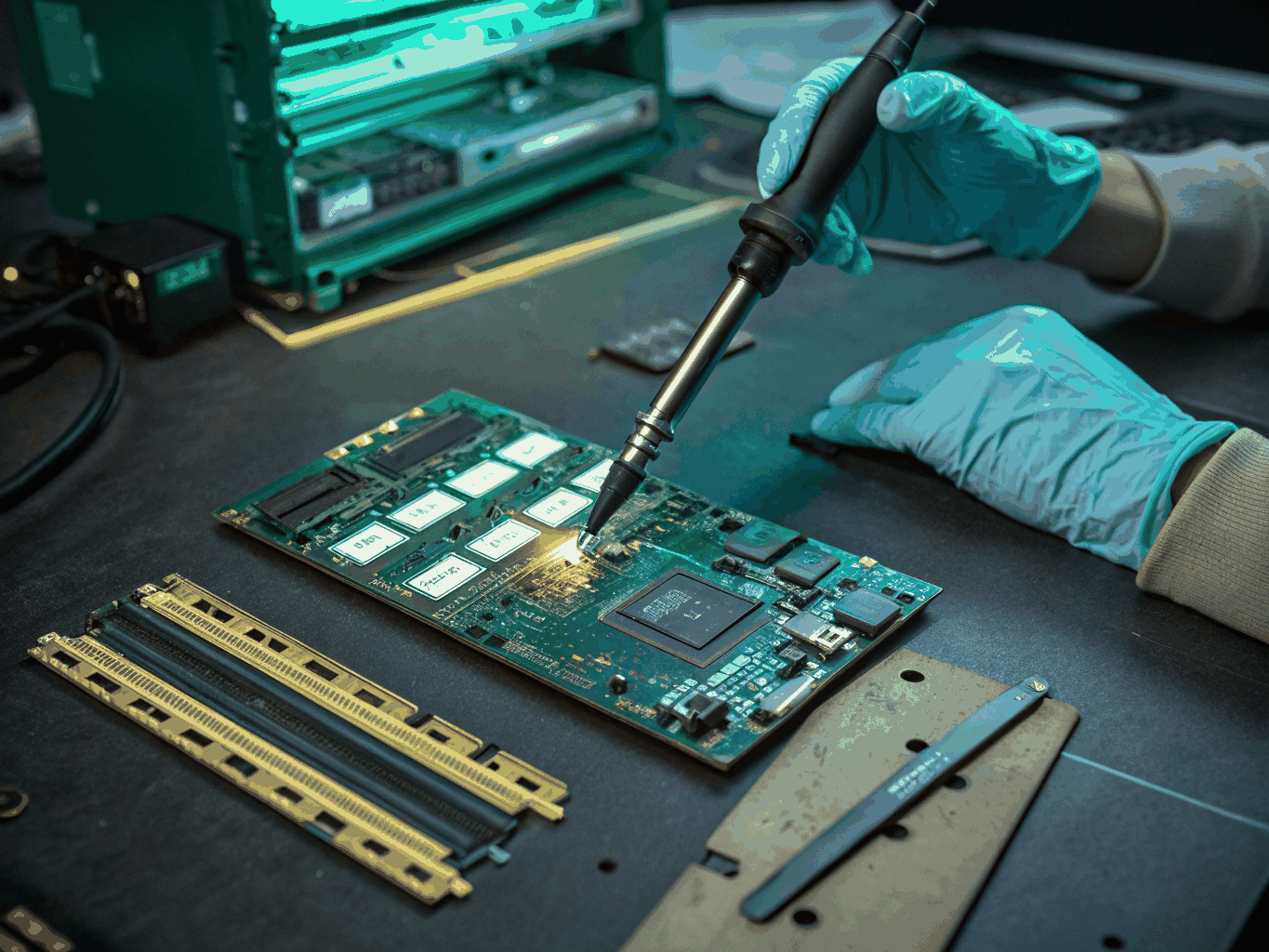 Macro shot of a technician soldering a TV motherboard