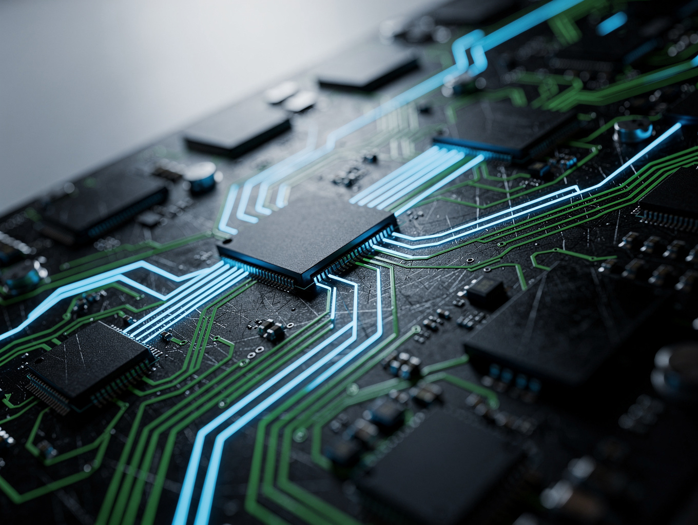 Macro view of a TV circuit board being tested with probes