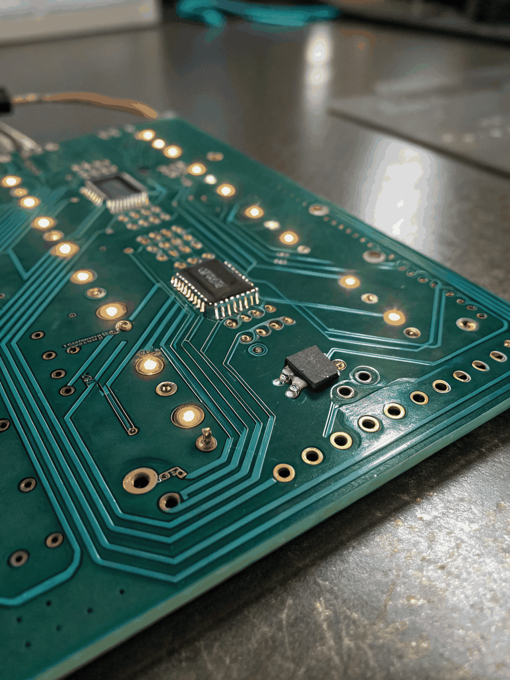 Macro shot of a TV internal circuit board with glowing diagnostic indicators